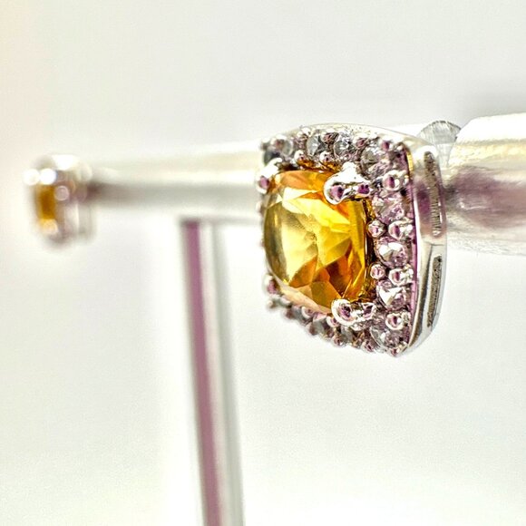 VTG Sterling Silver 925 Lemon Yellow Quartz CZ Halo Stud Earrings Size 8x8 mm - Picture 5 of 13